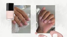 On the left, is a close up of a hand with a sheer pink manicure with a tiny yellow dot design, created by nail artist Fliss Alton (@gelsbyfliss) and on the right, is a close-up of a hand with short, sheer pink and glossy nails, created by nail artist, Julia Diogo (@paintedbyjools) / both featured in a grey and white template with a product shot of Chanel's Le Vernis nail polish in Ballerina (a sheer pink) and a stock image of a pink nail polish spill.