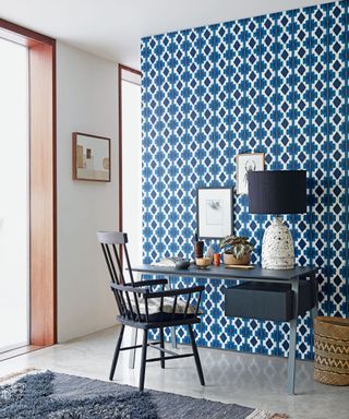home office with geometric patterned wallpaper on dividing wall