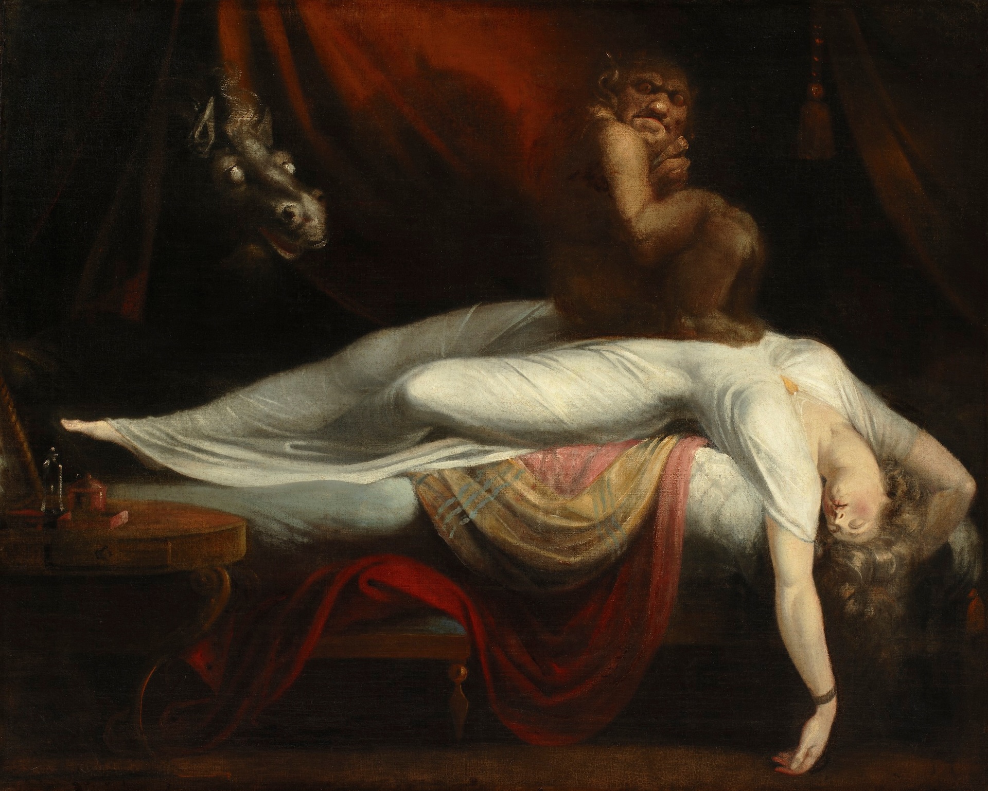 An oil painting of a sleeping woman with a demon-like figure on her chest