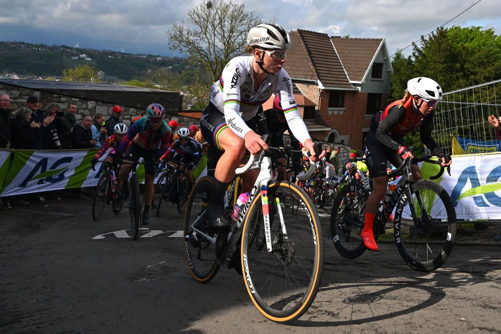 HUY BELGIUM APRIL 17 LR Lotte Kopecky of Belgium and Team SD Worx Protime and Henrietta Christie of New Zealand and Team Human Powered Health compete during the 27th La Fleche Wallonne Feminine 2024 a 146km one day race from Huy to Huy UCIWWT on April 17 2024 in Huy Belgium Photo by Luc ClaessenGetty Images