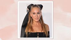Sarah Jessica Parker is pictured wearing a black dress and black hair bow whilst attending the New York City Ballet 2023 Fall Fashion Gala at David H. Koch Theater, Lincoln Center on October 05, 2023 in New York City/ in a pink watercolour-style template