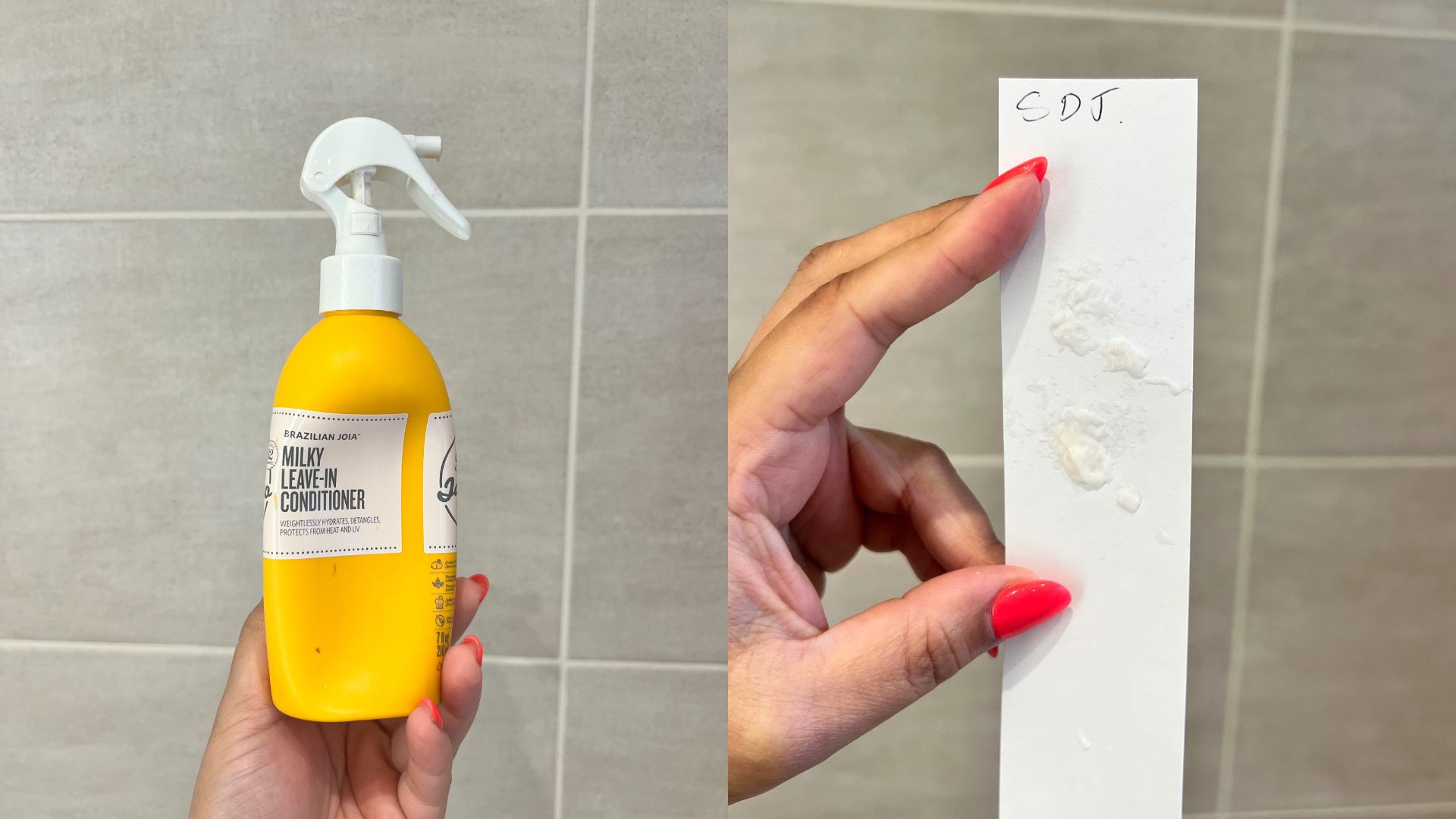 Sol De Janeiro Milky Leave-In conditioner next to a paper strip showing the texture of the formula