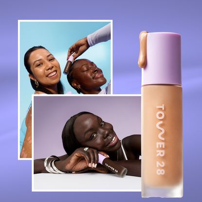 purple background with models wearing foundation next to a bottle of tower 28 foundation