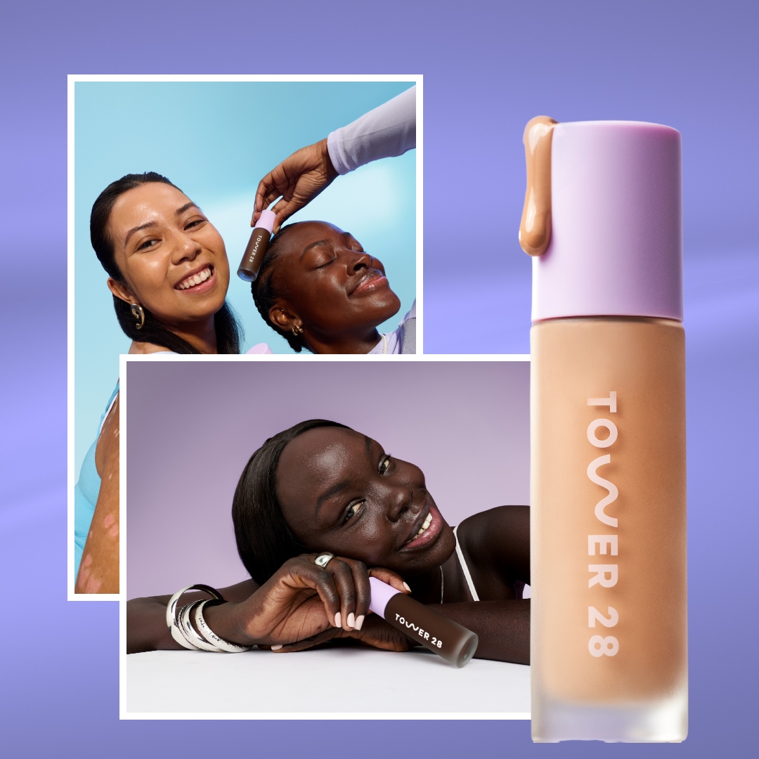 purple background with models wearing foundation next to a bottle of tower 28 foundation