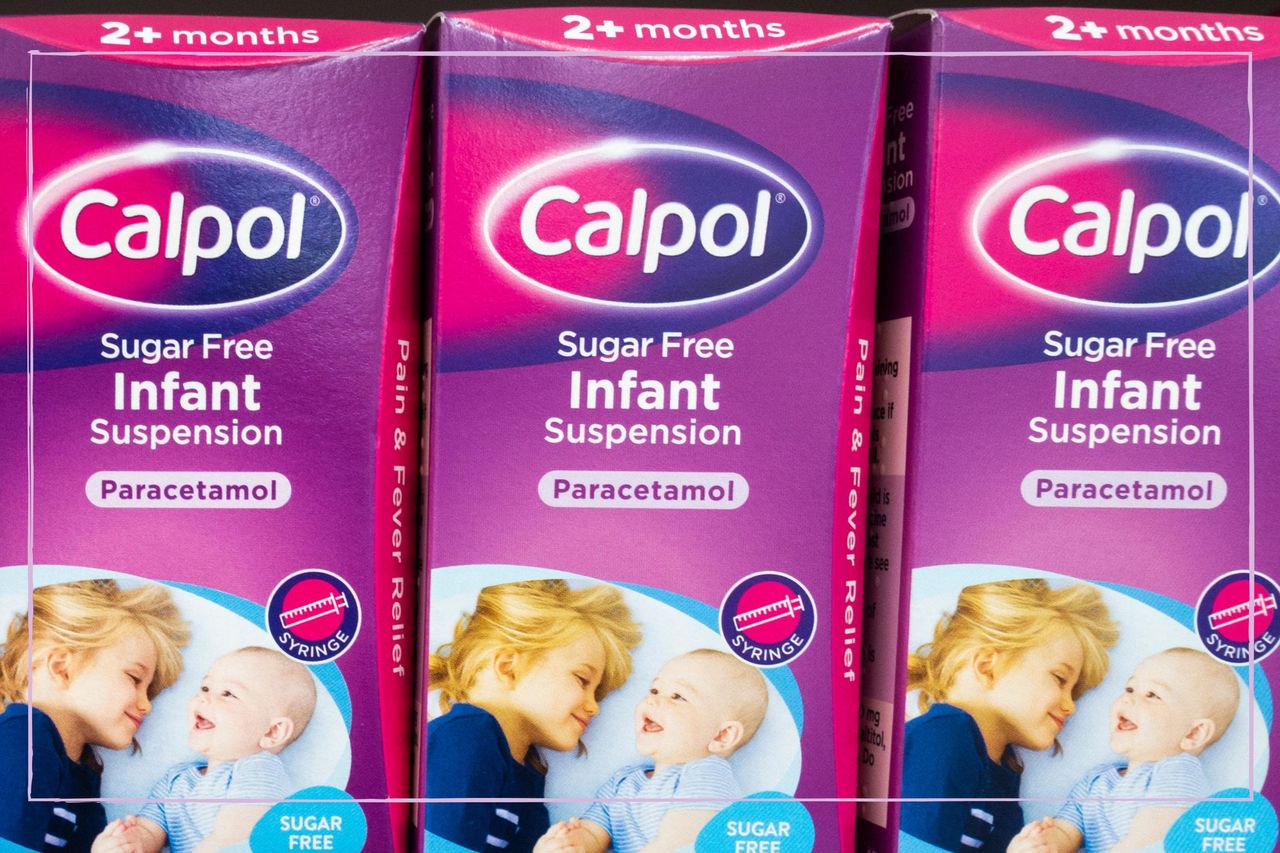 an extreme close up of 3 Calpol medicine boxes on a supermarket shelf