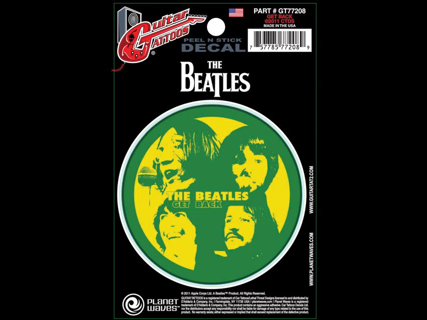 "Displaying the faces of each legendary Beatle, this vibrant decal is sure to stand out on any guitar!"