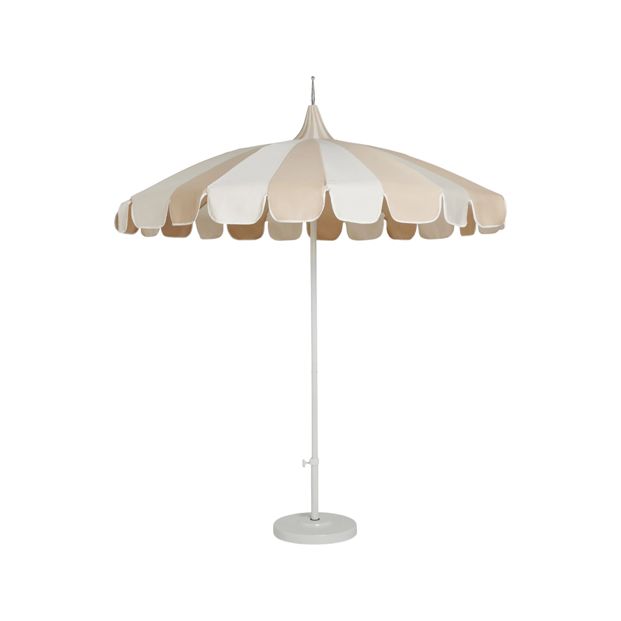 A white and beige parasol with scalloped edges and a white base