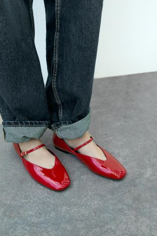 Faux Patent Ballet Flats With Ankle Strap