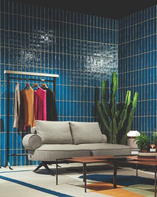 Blue tiles room with plants, sofa, coffee table and hanging rail with clothes