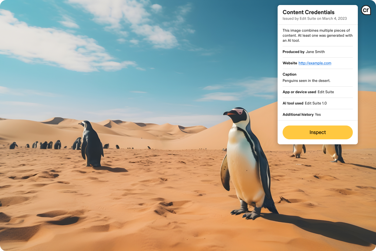 Adobe content credentials checking an AI generated image of penguins in a desert