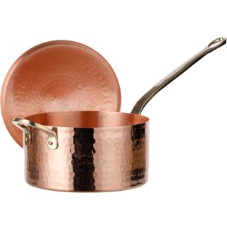 Demmex 1mm Thick Hammered Unlined Uncoated Solid Copper Sugar Sauce Zabaglione Pan Candy Jam Caramel Dessert Pot With Lid and Helper Handle, Handmade in Turkey, (1.7-Quart)