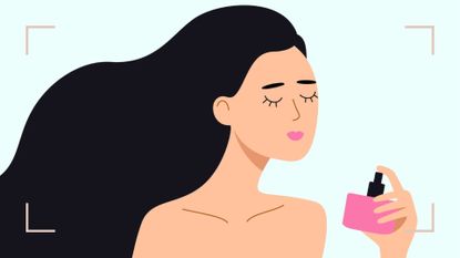 An illustration of a woman with a perfume bottle, demonstrating how to choose a perfume by testing it on the skin 