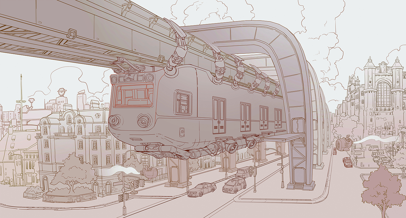 Concept art showing a retrofuturistic urban scene with a hanging monotrail
