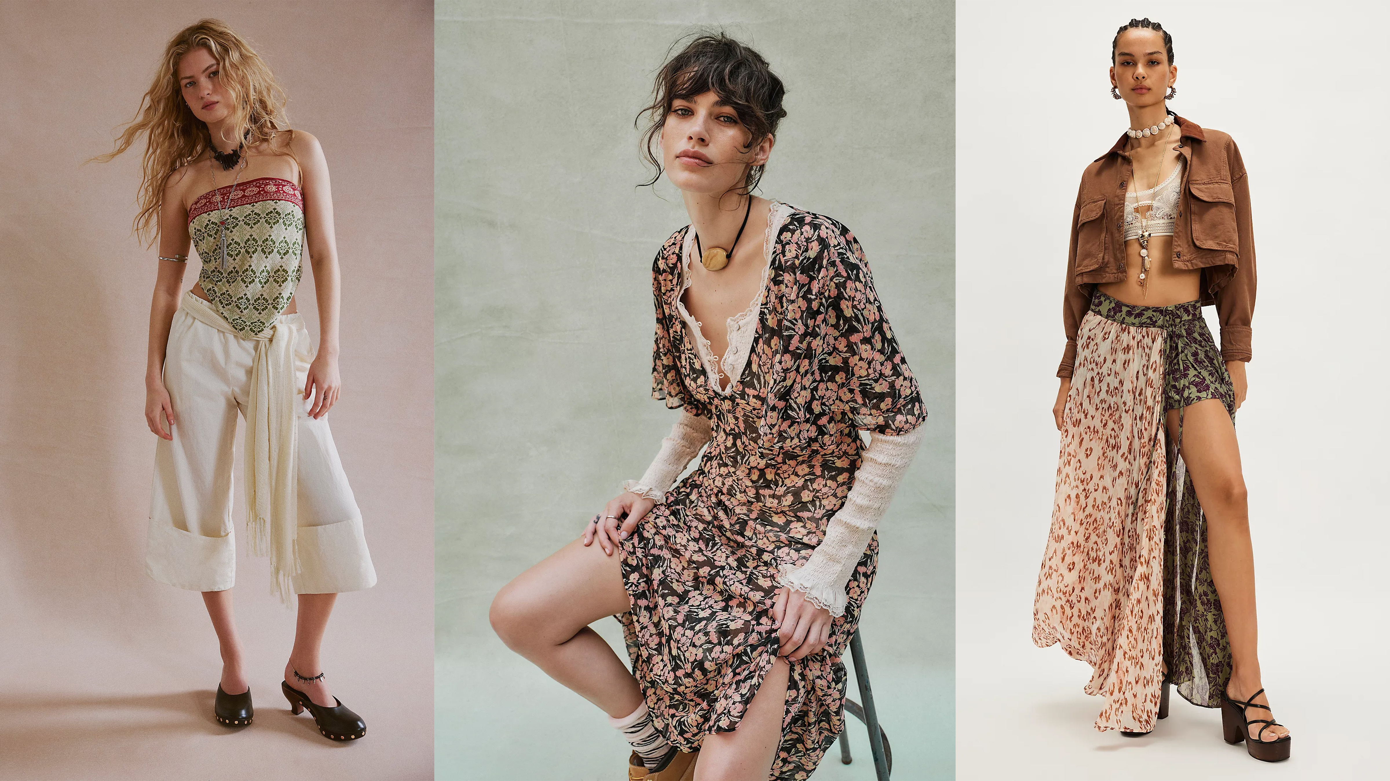 Free People models wearing white culottes, a floral dress, and a floral high-low skirt. 
