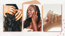 Collage of images (L-R) showing hands running through curly long brunette hair, woman applying skincare product to cheek and hand showing short healthy nails, on a neutral background with peach and light pink graphics