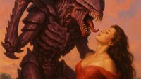 An alien tyranid looms over a swooning romance novel protagonist