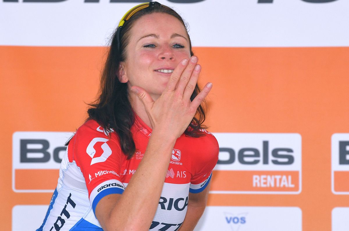 Winner Annemiek van Vleuten (Orica-Scott) blows a kiss from the podium