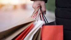 Anonymous human hand holding the handles of many colorful bags, indicating holiday shopping 