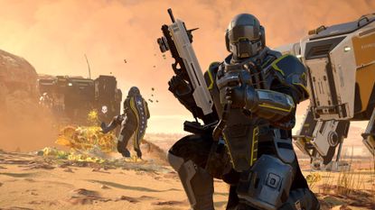 Helldivers 2 Exo Experts Warbond helldivers thumbs up while kneeling 