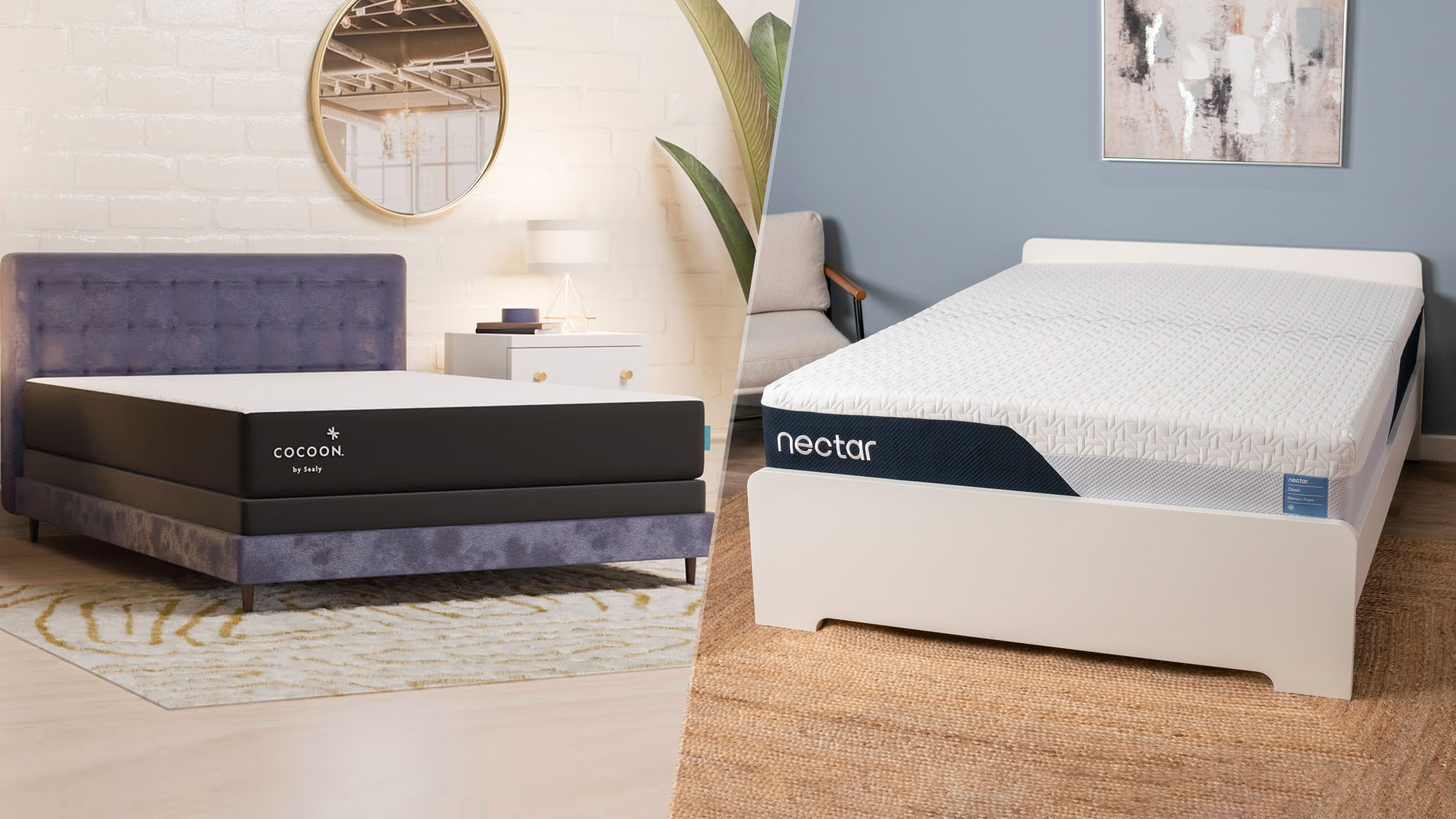 On the left, the Cocoon by Sealy Chill Memory Foam Mattress on a bed frame in a bedroom. On the right, the Nectar Classic Memory Foam Mattress on a bed frame in the Tom&#039;s Guide Sleep studio