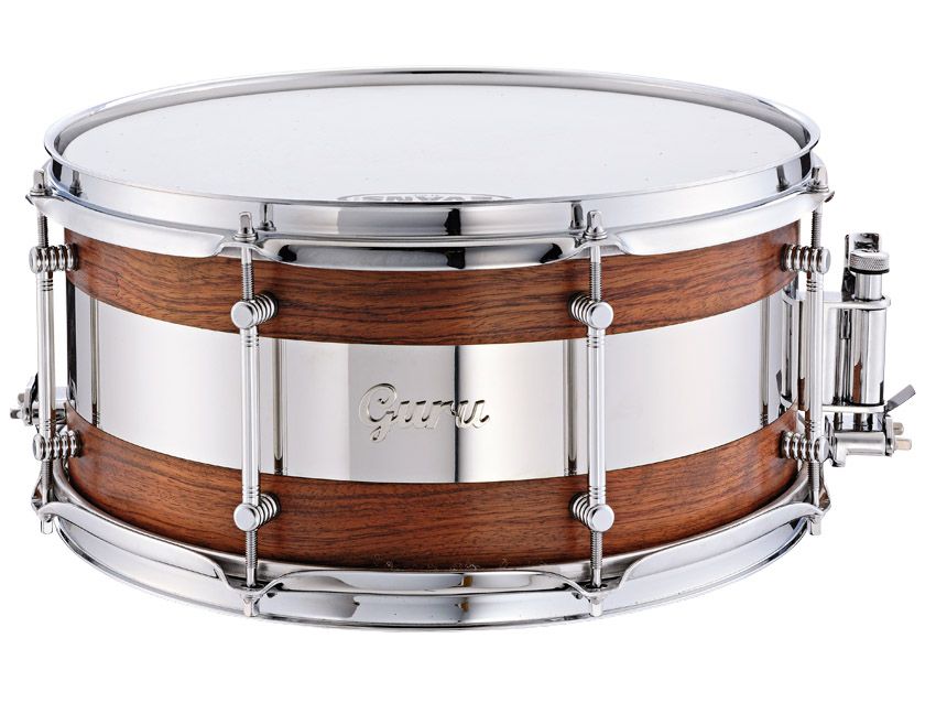 The snare has a two-part, steam-bent single-ply bubinga shell with a central panel of stainless steel.