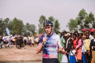 Chris Froome at the opening of the Field of Dreams cycling centre in Bugesera
