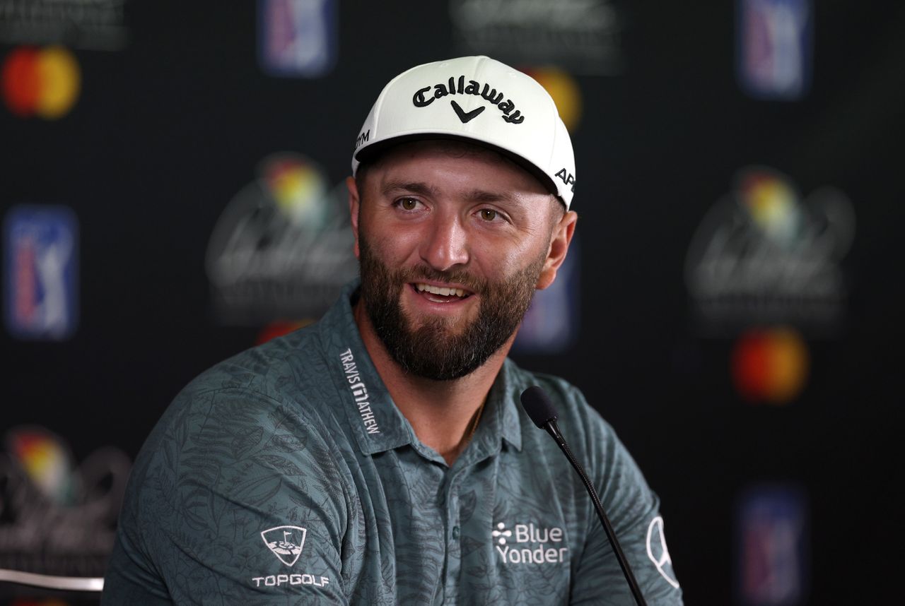 Jon Rahm talks to the media before the 2023 Arnold Palmer Invitational