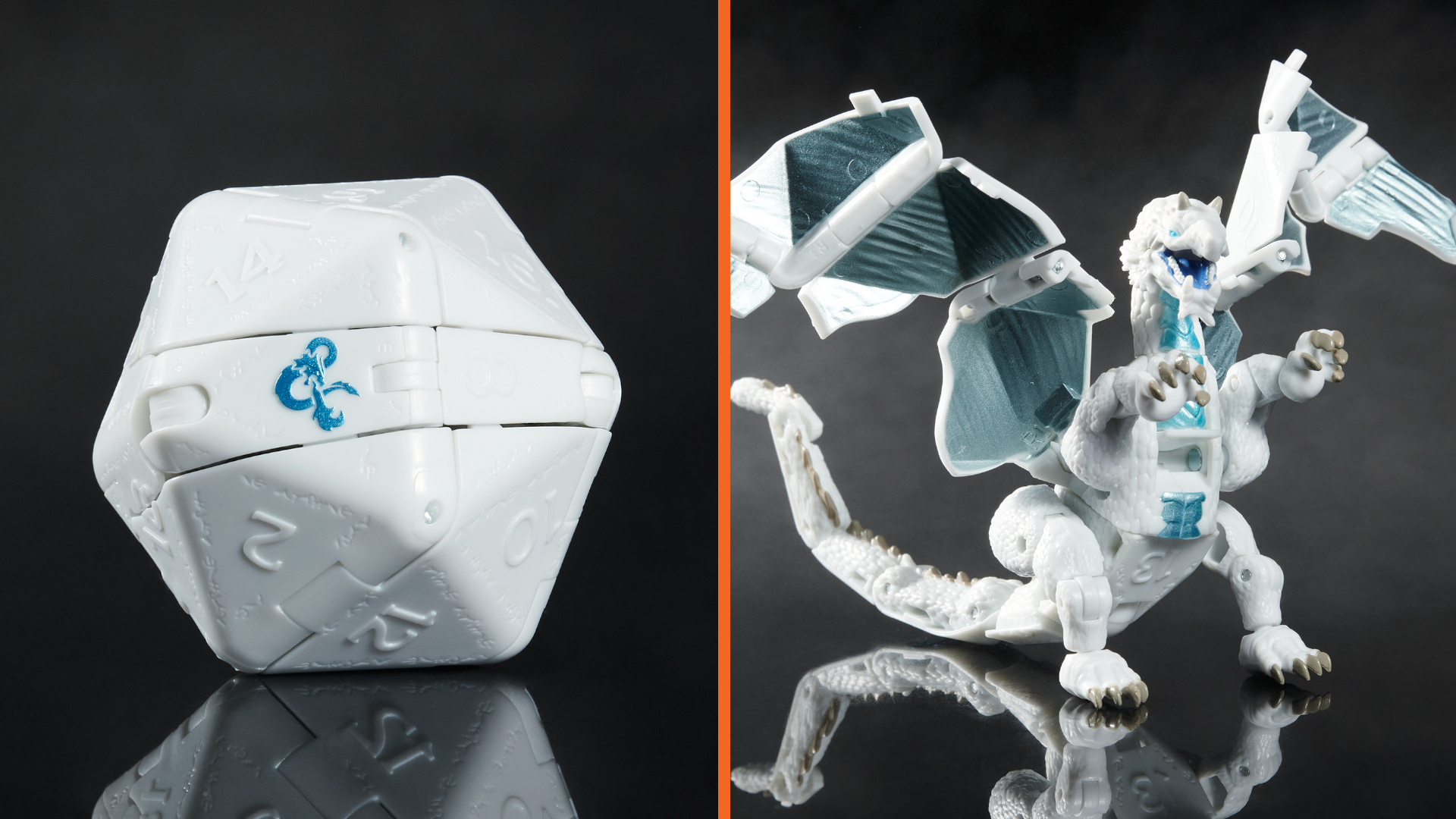 A white d20 dice alongside the White Dragon toy it transforms into