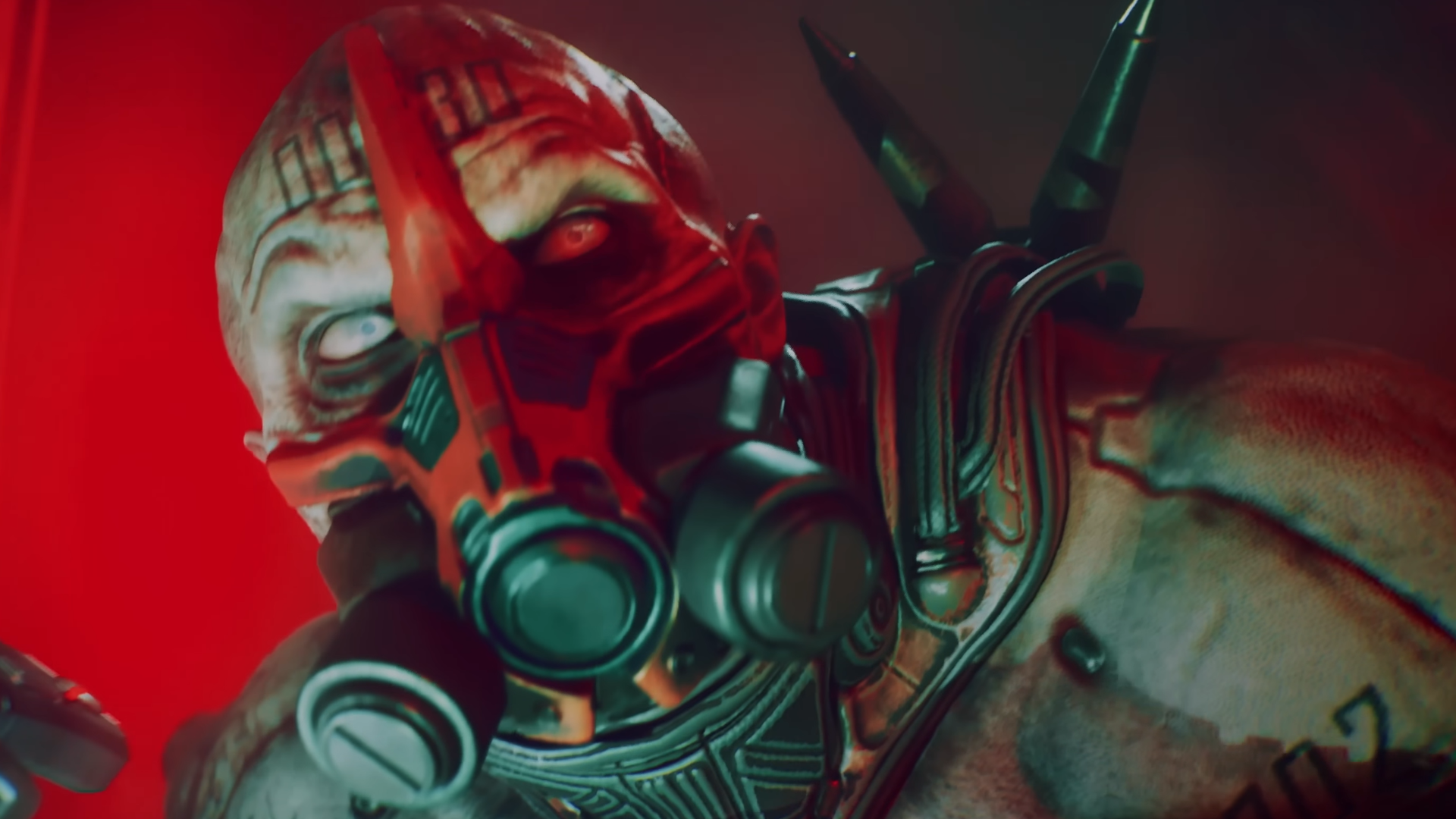 Defect Gas mask guy with milky eyes, cybernetics, tattoos, menacingly looking into camera with red background
