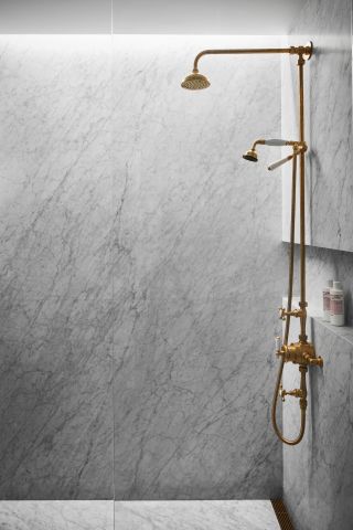 Gold shower with white marble walls
