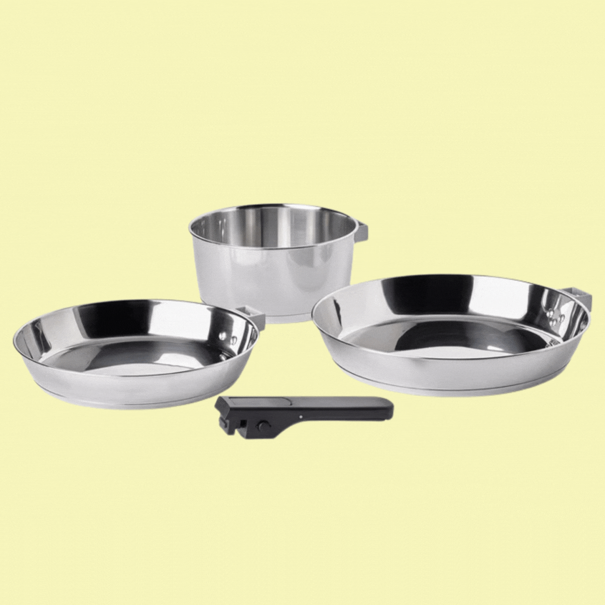 A three-piece cookware set with a detachable handle