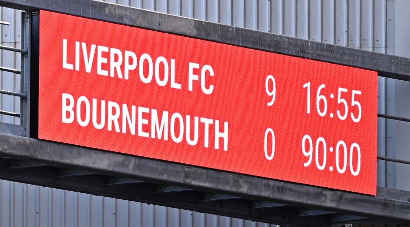 The scoreboard at Anfield after Liverpool&#039;s record-equalling 9-0 Premier League win over Bournemouth.