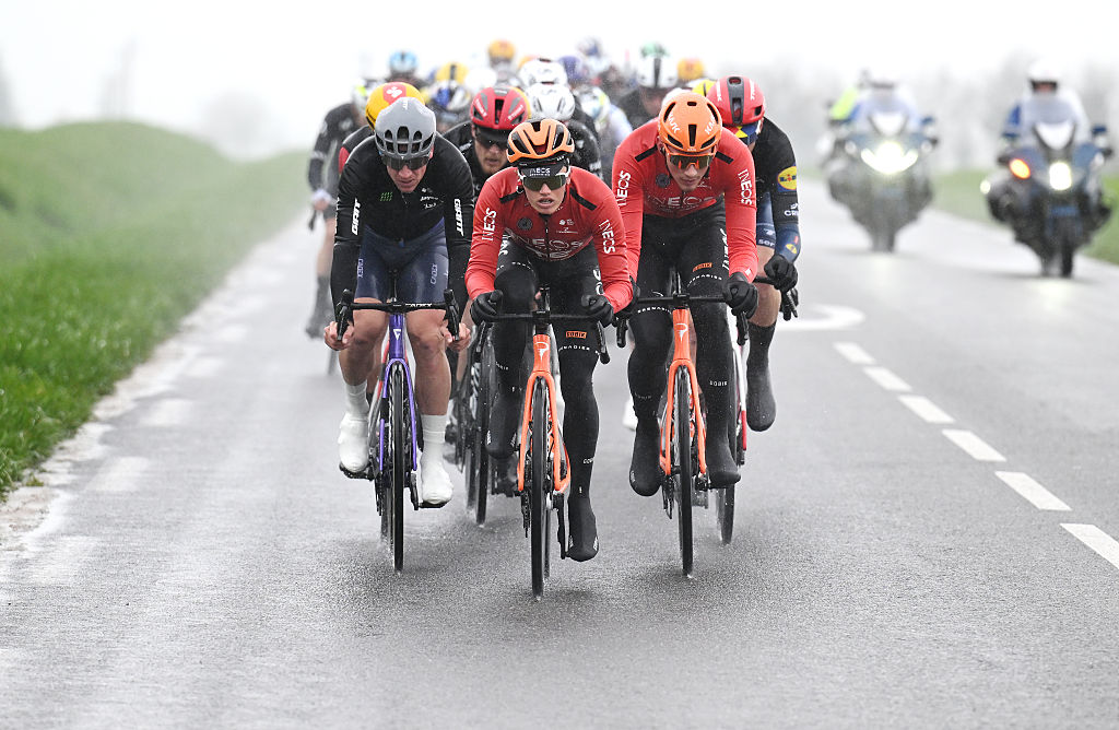 UCHON, FRANCE - MARCH 11: (L-R) Oscar Onley of Great Britain and Joshua Tarling of Great Britain and Team INEOS Grenadiers lead the peloton during the 84th Paris-Nice 2026, Stage 4 a 195km stage from Bourges to Uchon / #UCIWT / on March 11, 2026 in Uchon, France. (Photo by Szymon Gruchalski/Getty Images)