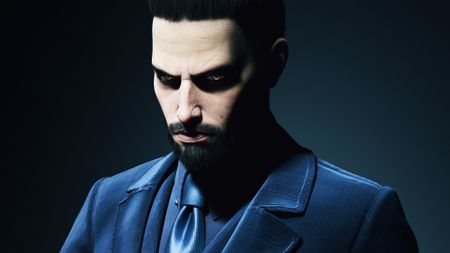 Galeb Bazory, a vampire in a crisp blue suit, draws a blade, in key art for Vampire: The Masquerade - Swansong
