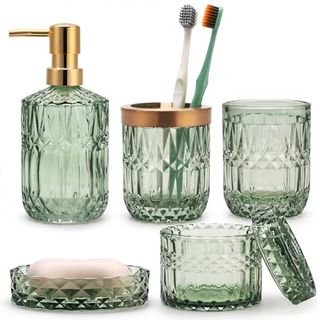 5pcs Green Glass Bathroom Accessories Sets of Lotion Dispenser, Soap Dish, Toothbrush Holder, Tumbler, Cotton Swab Jars, Modern Bath Decor, Vintage Gift