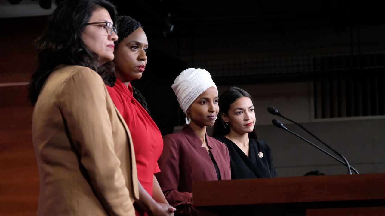 washington, dc july 15 us rep rashida tlaib d mi, rep ayanna pressley d ma, rep ilhan omar d mn, and rep alexandria ocasio cortez d ny pause between answering questions during a press conference at the us capitol on july 15, 2019 in washington, dc president donald trump stepped up his attacks on four progressive democratic congresswomen, saying if theyre not happy in the united states they can leave photo by alex wroblewskigetty images