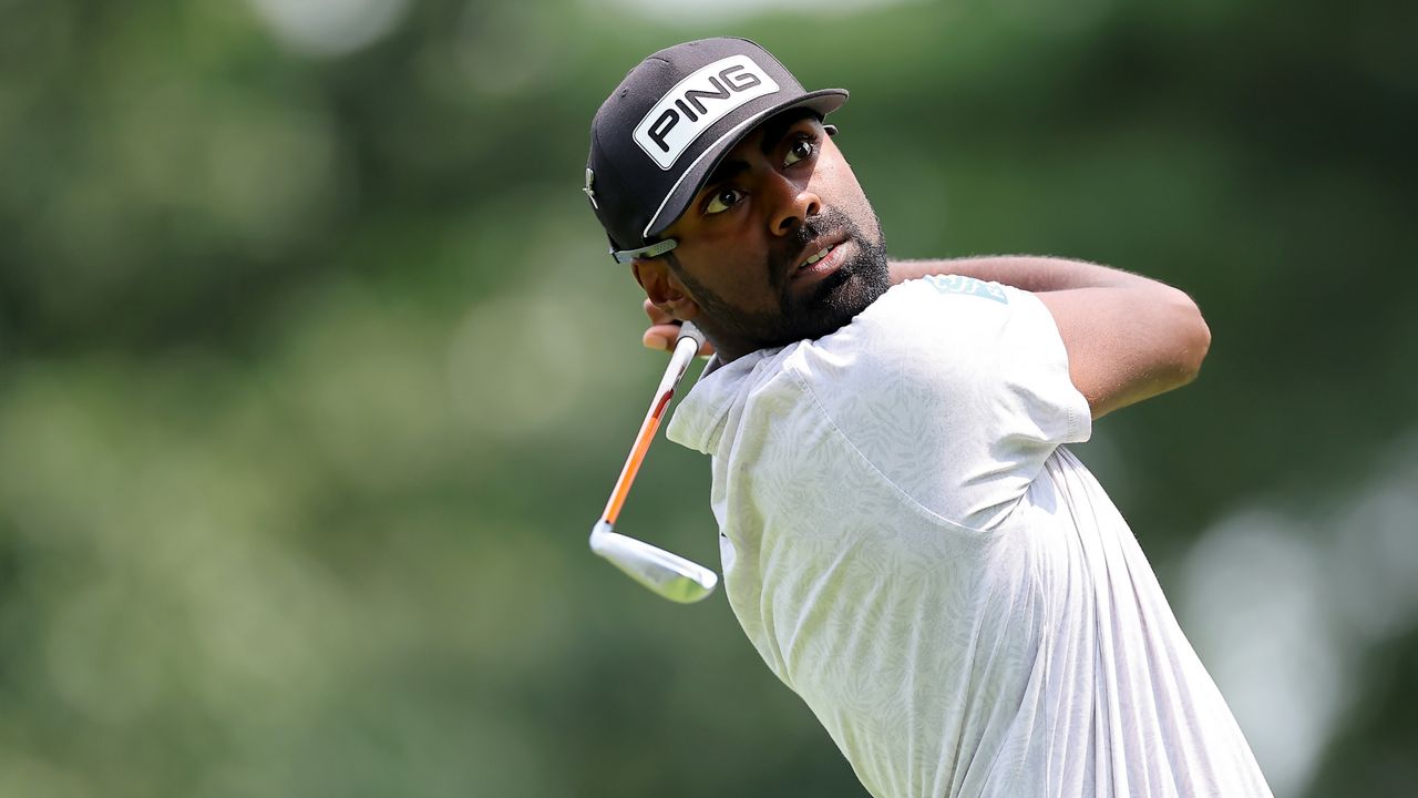 Sahith Theegala plays a shot from the eighth tee during the second round of the BMW Championship.