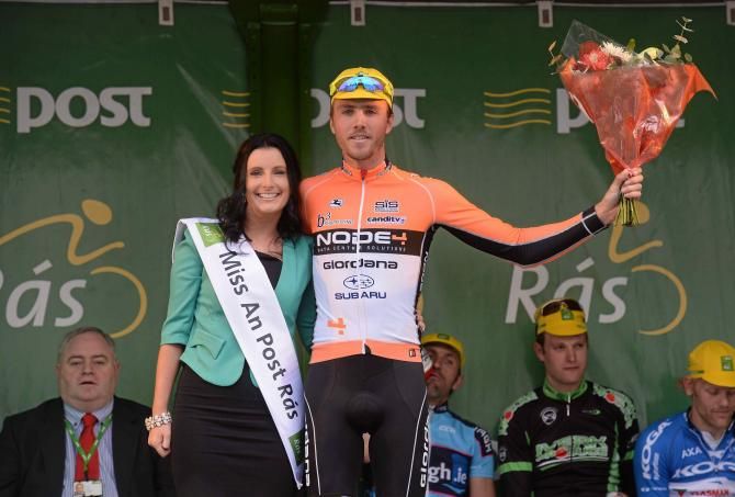 Second-place Mike Northey (NODE4 Giordana) on stage with Miss An Post R&aacute;s Grainne Fox