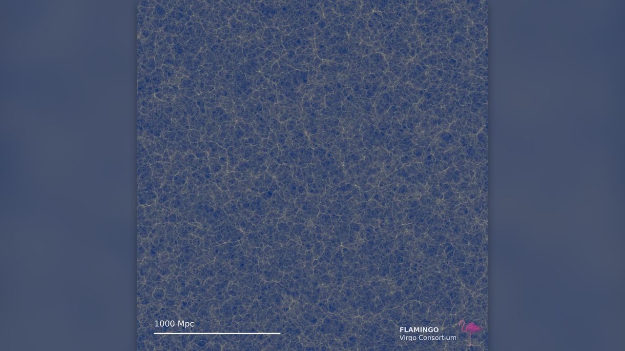 Gpc box showing quantity of CDM (dark matter surface density) in a logarithmic color scale to visualise faint structures.