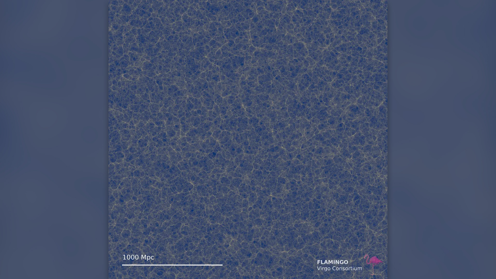 Gpc box showing quantity of CDM (dark matter surface density) in a logarithmic color scale to visualise faint structures.