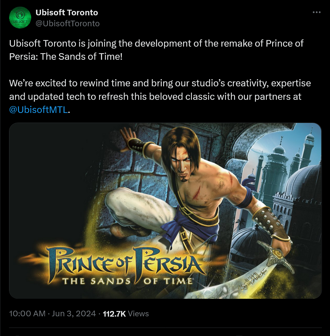 Ubisoft Toronto is joining the development of the remake of Prince of Persia: The Sands of Time!  We’re excited to rewind time and bring our studio’s creativity, expertise and updated tech to refresh this beloved classic with our partners at @UbisoftMTL .