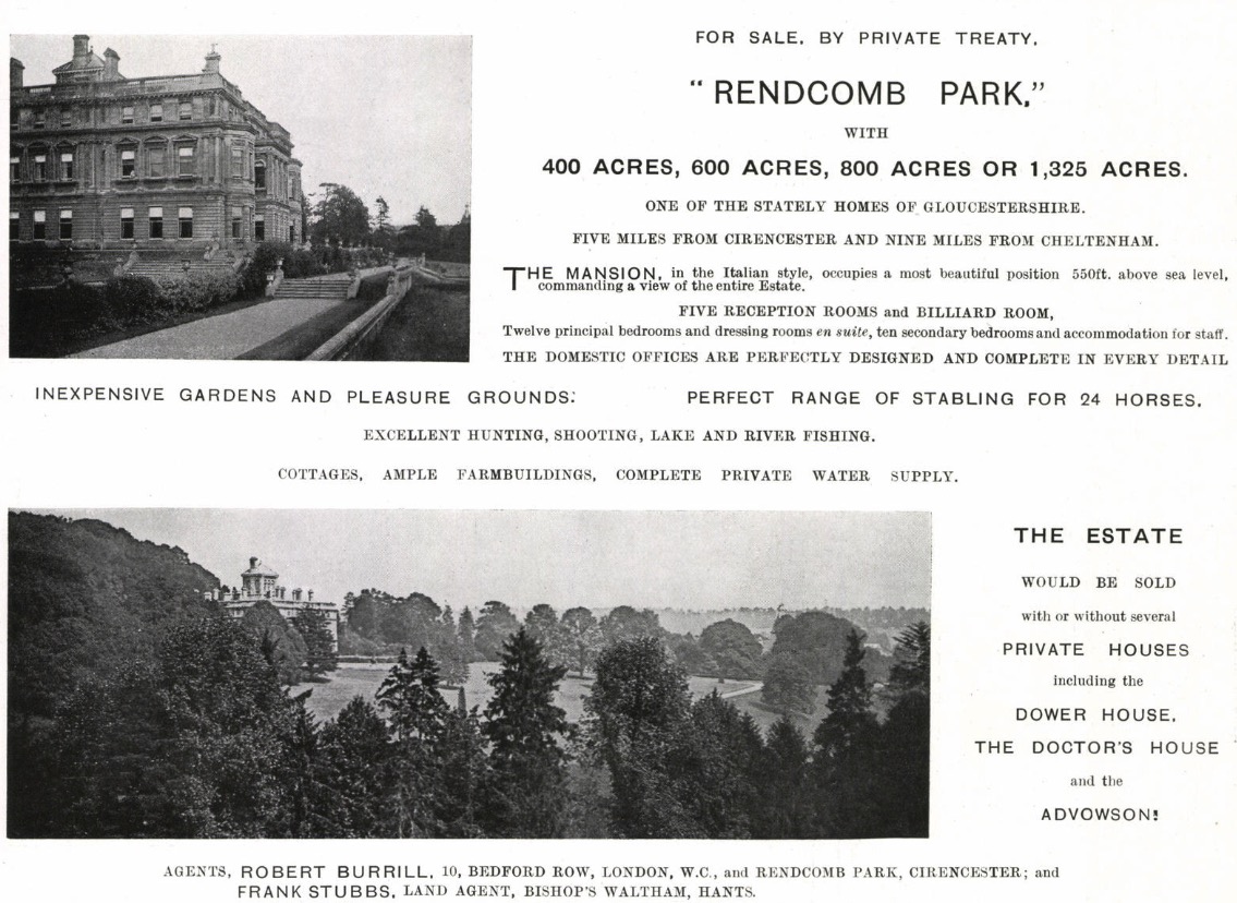 Rendcomb Park for sale in Country Life in 1917