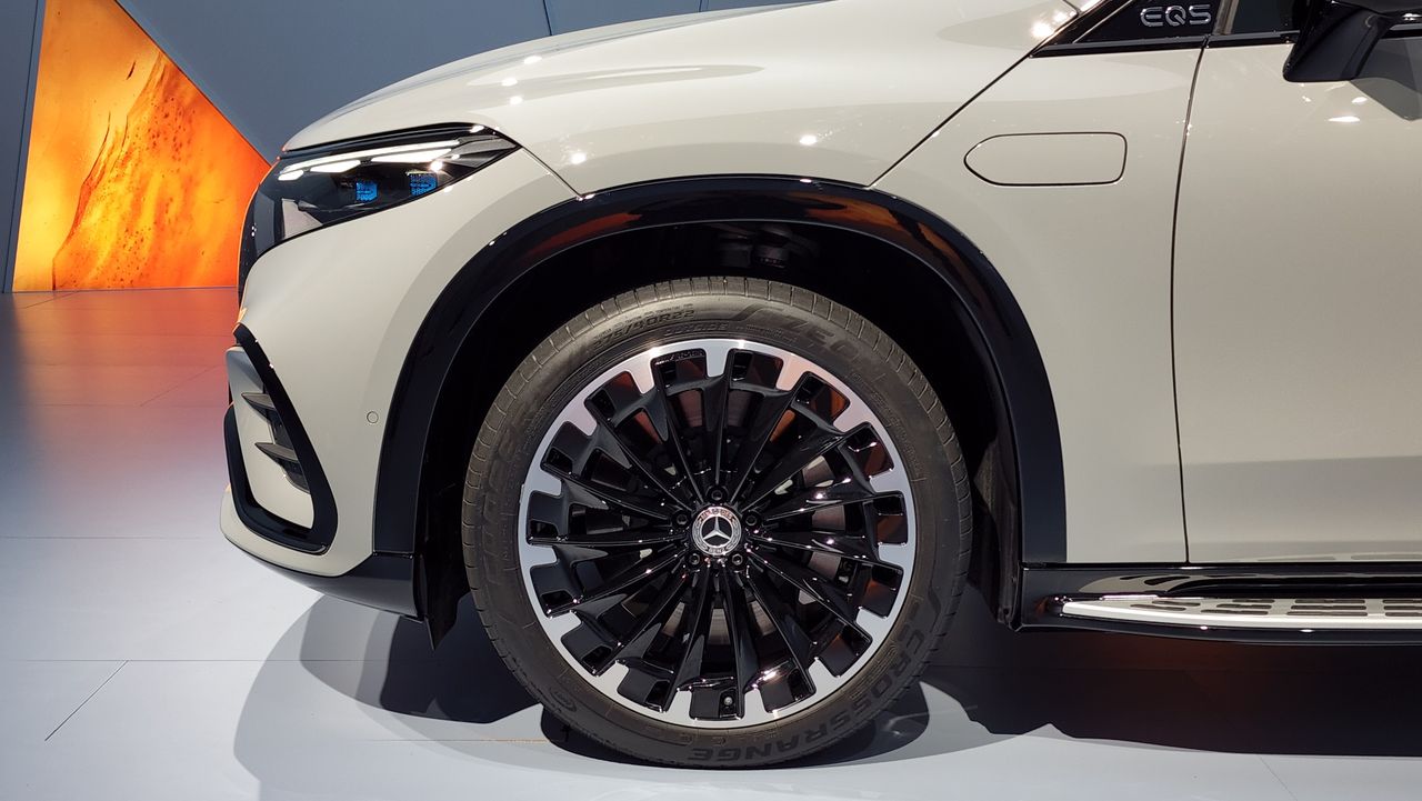 Close-up of front wheel