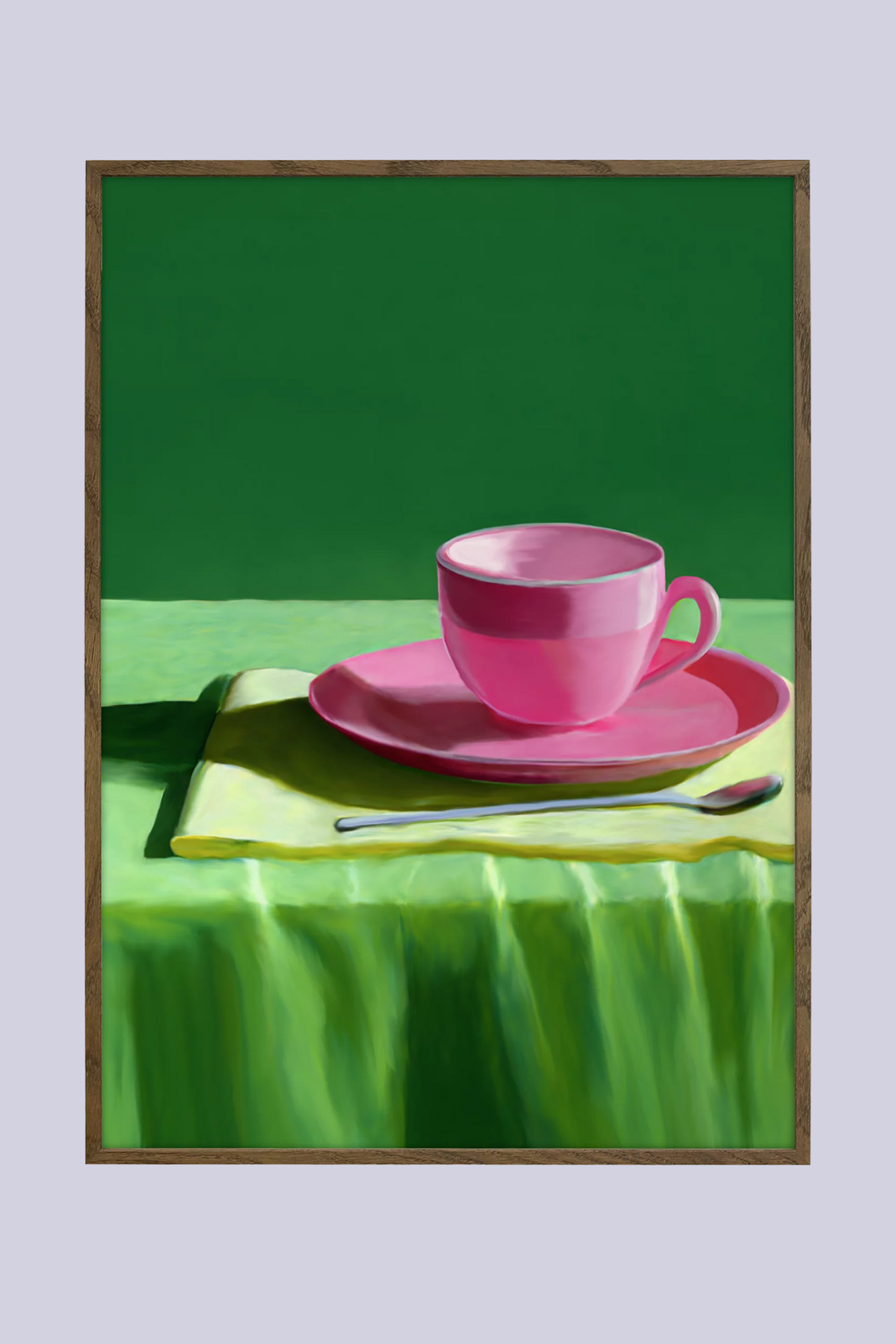 A painting of a pink teacup on a green tablescape