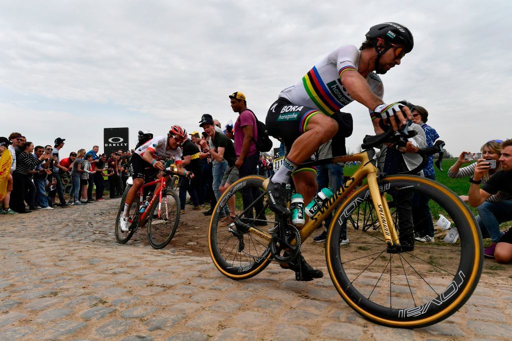 Slovakias Peter Sagan R competes to win ahead of Switzerlands Silvan Dillier during the 116th edition of the ParisRoubaix oneday classic cycling race between Compiegne and Roubaix on April 8 2018 near Compigne northern France AFP PHOTO JEFF PACHOUD Photo credit should read JEFF PACHOUDAFP via Getty Images