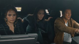 Jordana Brewster, Anna Sawai and Sung Kang inside truck in F9