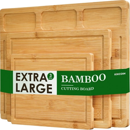 Kikcoin Cutting Board Set of 3, Bamboo Chopping Boards for Kitchen, Heavy Duty Wooden Serving Tray With Juice Groove