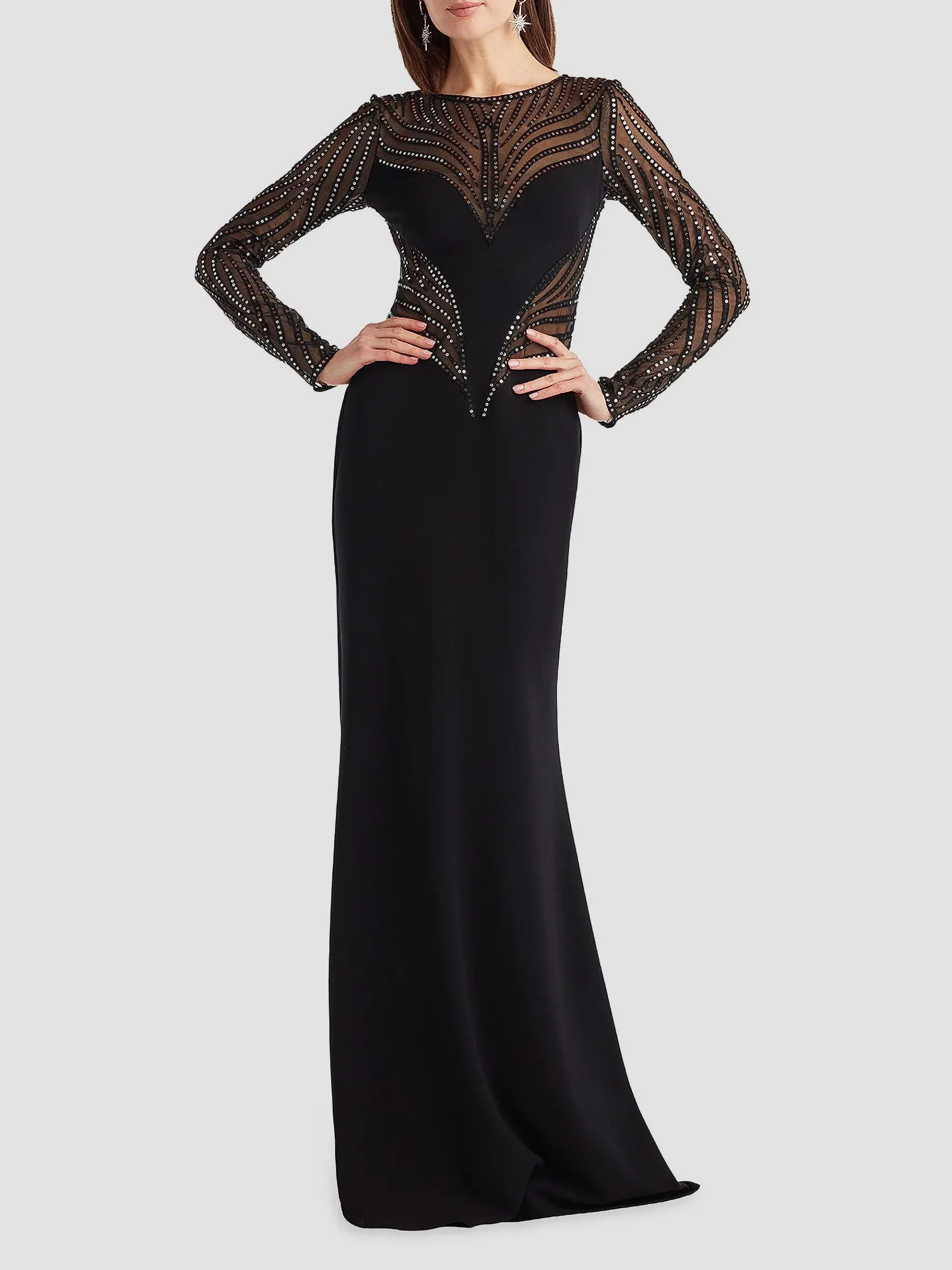 Sequin-Embellished Long-Sleeve Crepe Gown
