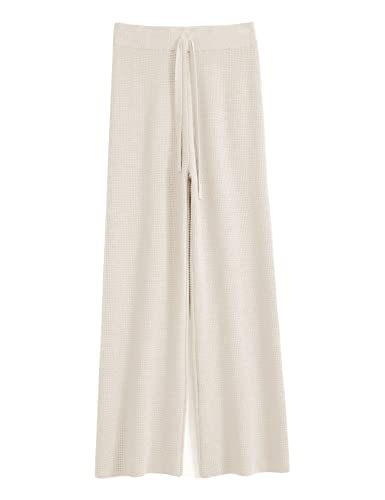 Gratoryna Womens Waffle Knit Lounge Wide Leg Pants High Elastic Waist Flowy Sweater Pants With Drawstring(beige-Small)