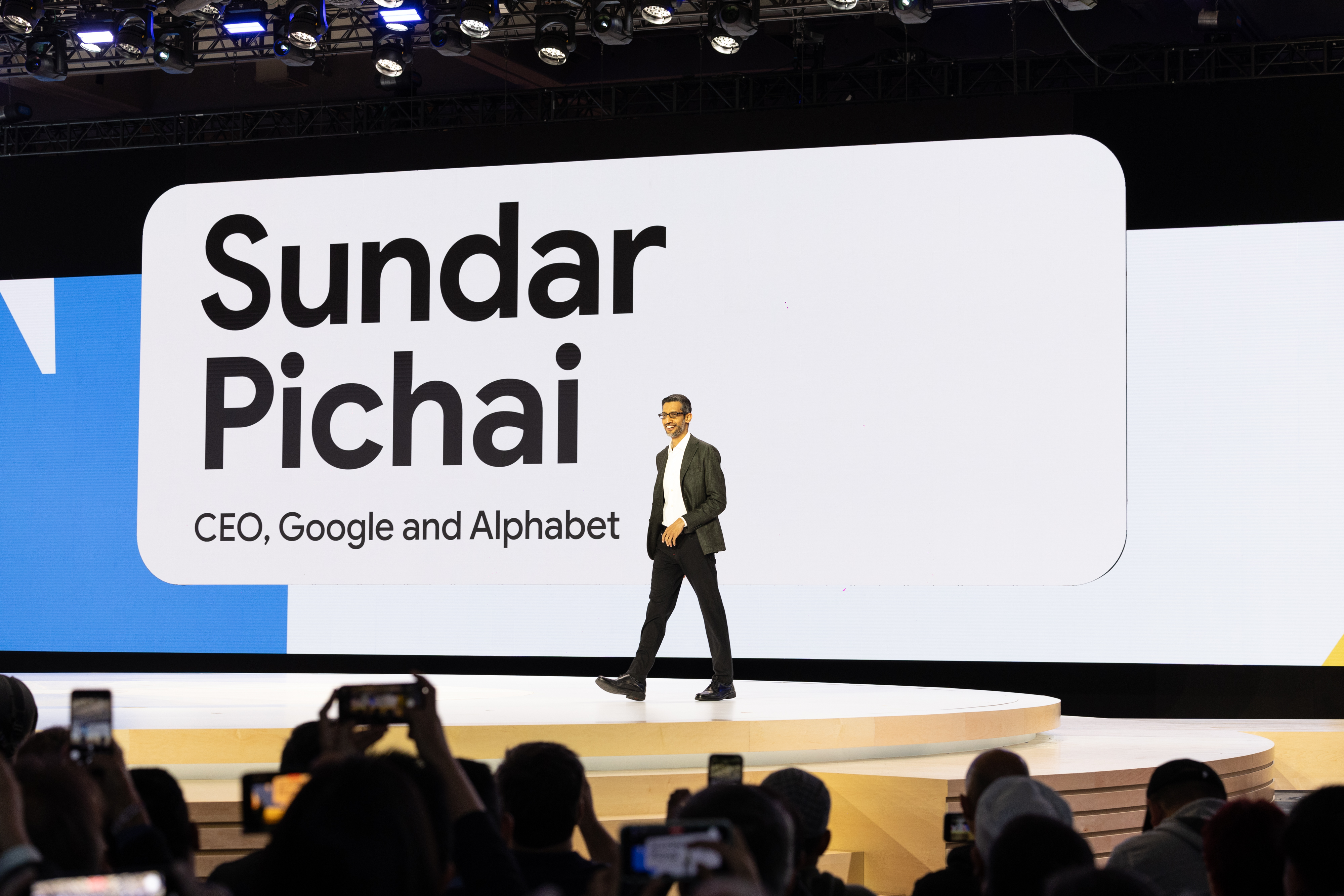 Sundar Pichai walks on stage during the opening keynote of Google Cloud Next 2023